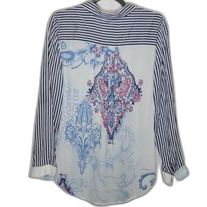 Chico's‎ Size 0 (4/6) Blouse Striped Floral Button Down Long Sleeve CoastalChic